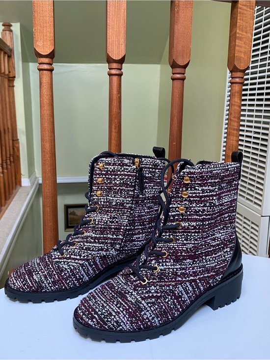 Tory Burch Shoes - Tory Burch Burgundy Tweed Lace-Up Combat Boots with Gold Eyelets